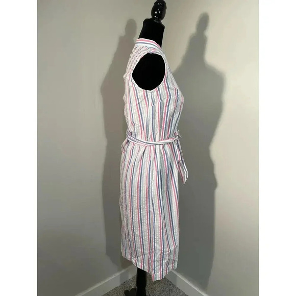 Loft Outlet Pink and Blue Striped Button Front Cotton‎ Midi Dress - Picture 9 of 12